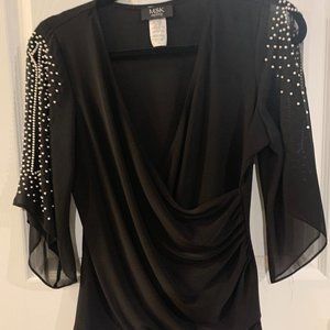 MSK Petite Medium Black Blouse with White Pearls and Slit on the Sleeves